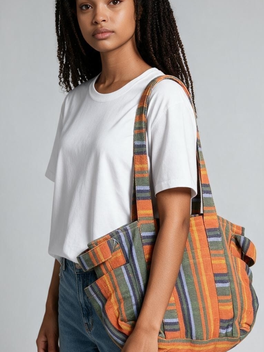Free People Striped Orange Canvas Tote Bag